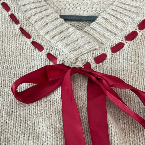 Beige Sweater with Red Satin Ribbon Accents - Picture 4 of 4